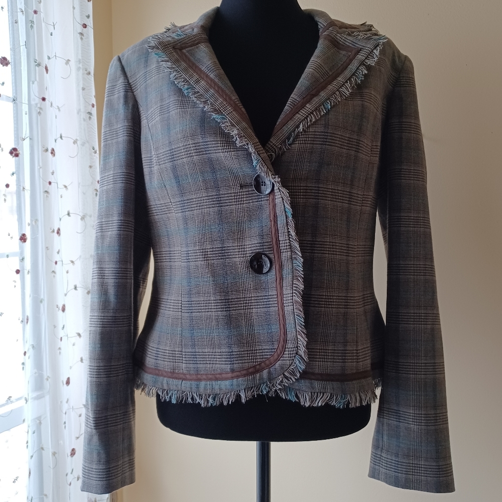 Tribal Coffee & Teal Blue Fringed Wool Blend Modele Two Button Jacket Size 12